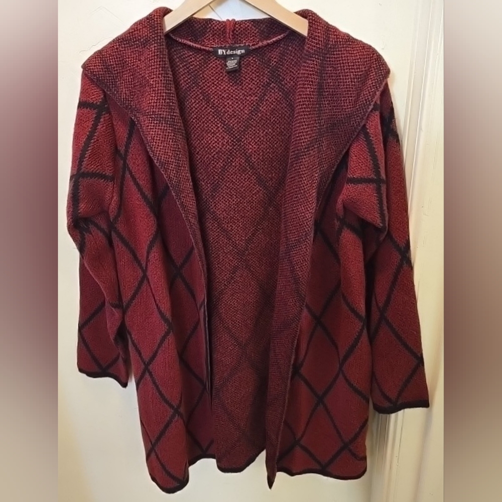Women's Red and Black Cardigan With Hood And Pockets Large